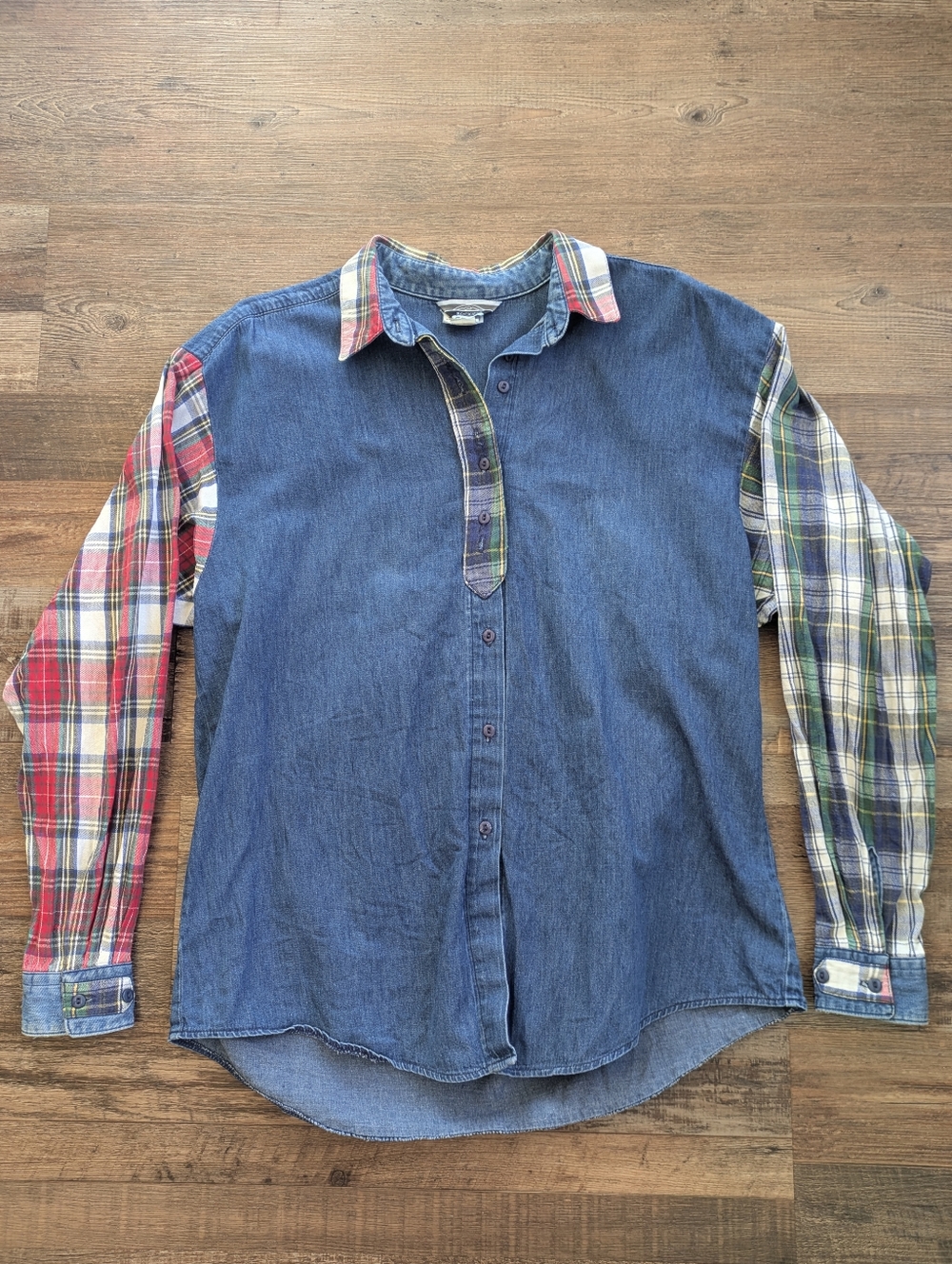 Vintage Denim Button Down Plaid Contrast Sleeves Multi Color Shirt Sz L